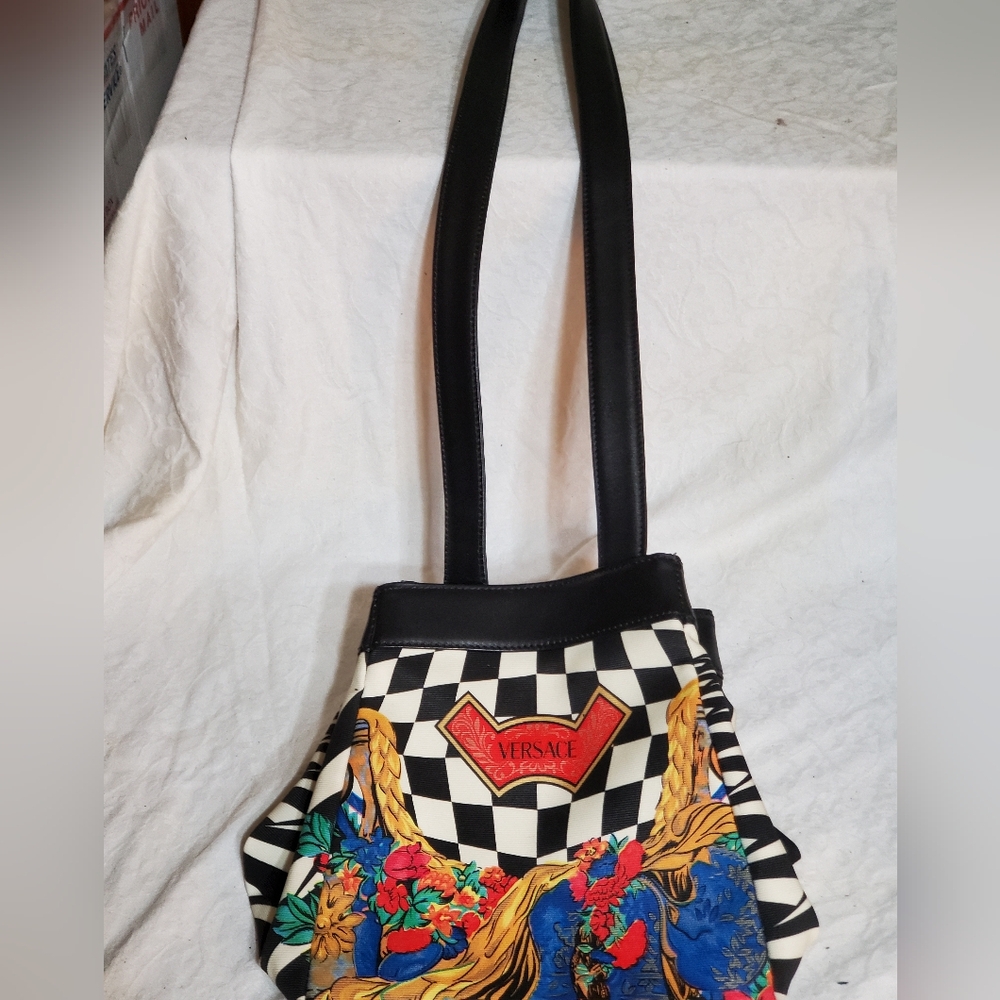 Gianni Versace Floral Black Leather/Canvas Bucketbag Shoulderbag/CB.